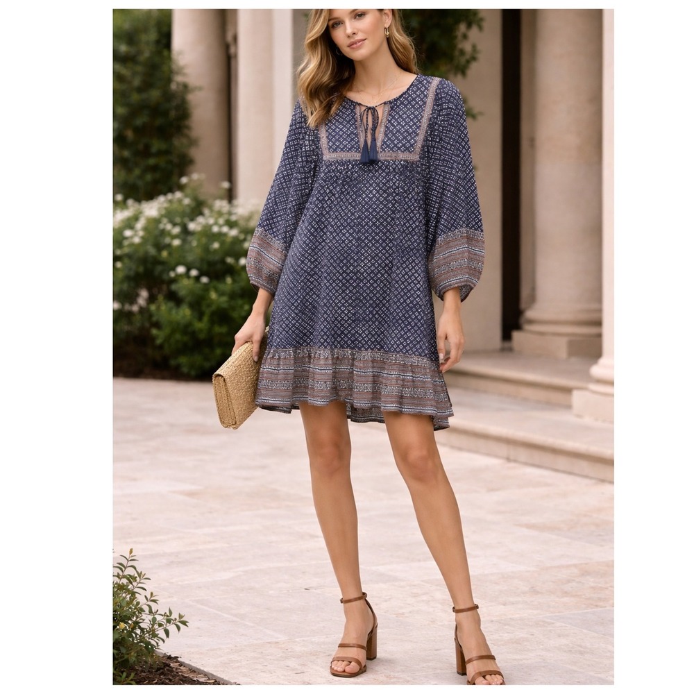 Cleobella Magdalena printed mini dress Size‎ L boho tassel tiered trim